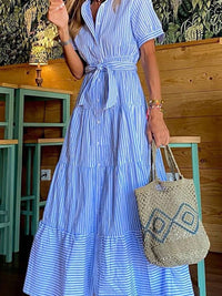 all about you Women Striped Belted Shirt Collar Maxi Dress