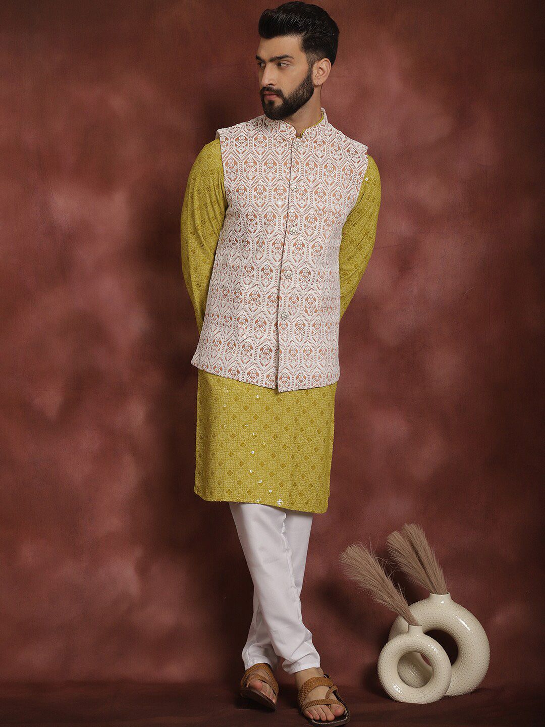 Anouk Mandarin Collar Geometic Embroidered Kurta With Churidar & Nehru Jacket