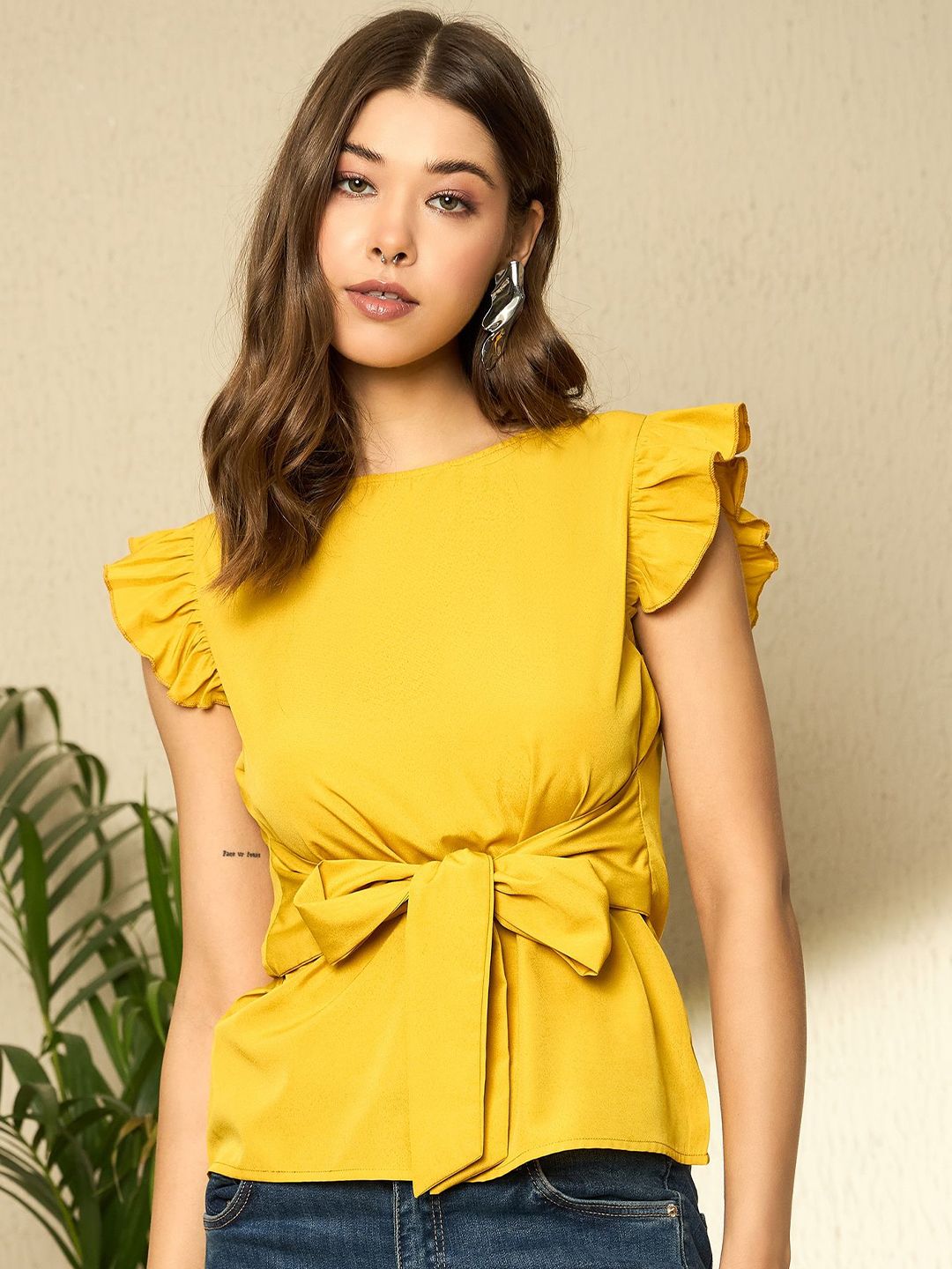 Berrylush Women Round Neck Regular Top With Waist Tie-Ups Detail