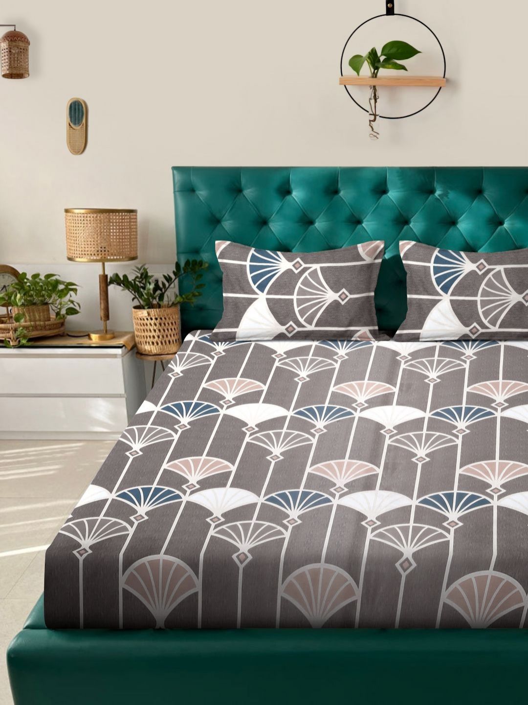 Myntra Elegant Homes Jaipuri Print Coklat Abstrak Kapas 300 TC Cadar Katil Halus King dengan 2 Sarung Bantal-250 x 225 sm