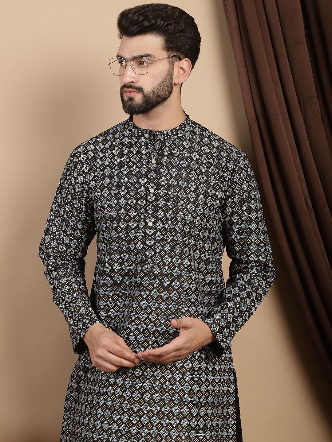 Motif Etnik Anouk Bercetak Kolar Mandarin Kurta Lurus Biasa Dengan Churidar