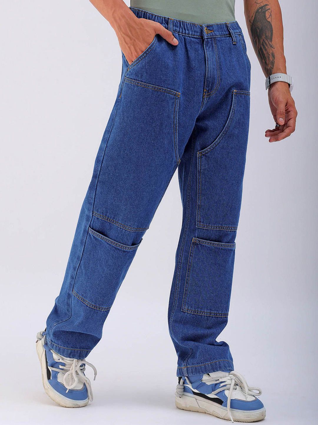 The Indian Garage Co Men Mid-Rise Loose Baggy Fit Elasticated Wasit Cargo Jeans