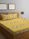 KLOTTHE Yellow & White Printed 300 TC Fitted Double King Bedsheet With 2 Pillow Covers