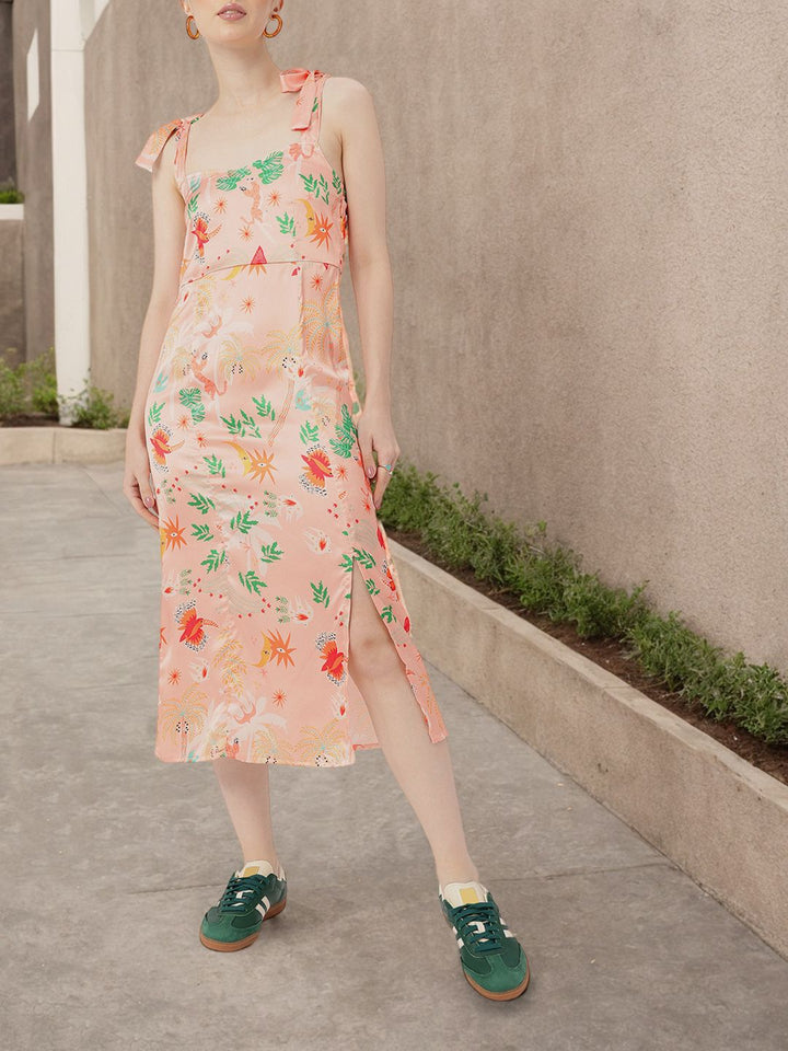 DressBerry Enduring Chic Satin Finish Printed Side Slit A-Line Midi Dress
