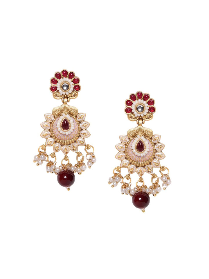 PANASH Gold-Plated Contemporary Stone Studded & Beaded Drop Earrings