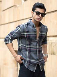 Powerlook Men Tartan Checked Spread Collar Cotton Casual Shirt