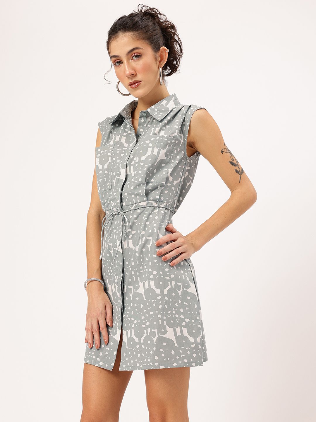 DressBerry Holiday Hues Printed Waist Tie-Up Mini Shirt Dress