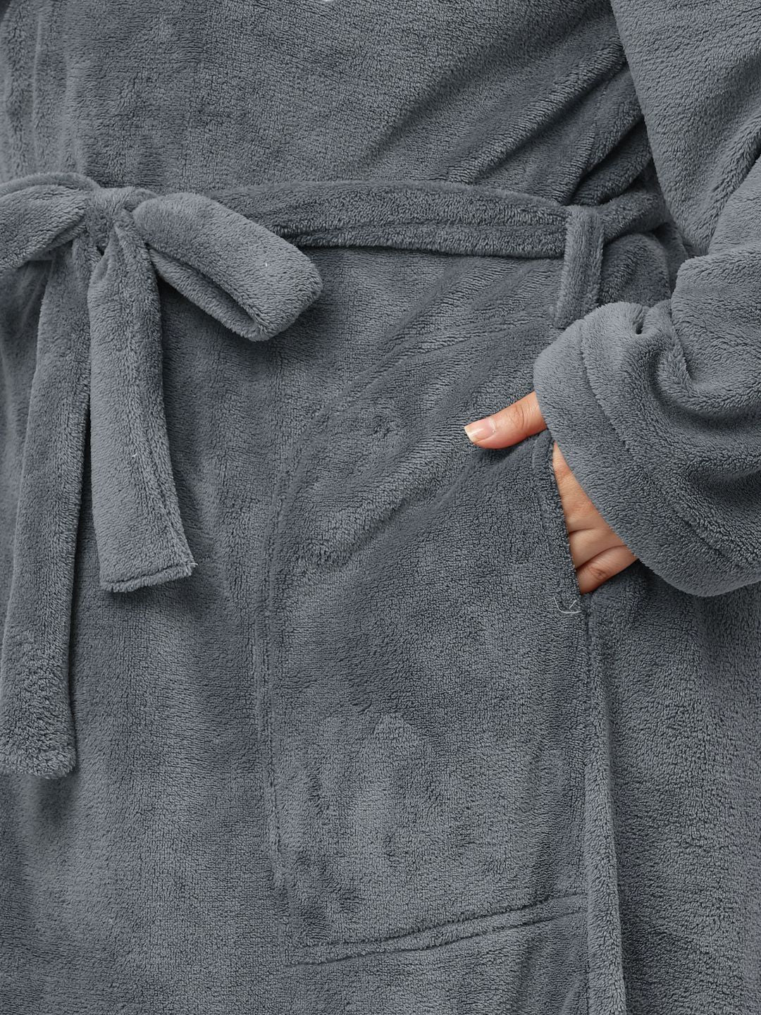 KLOTTHE Plus Size Grey Solid Long Sleeve Woolen Bath Robe With Belt