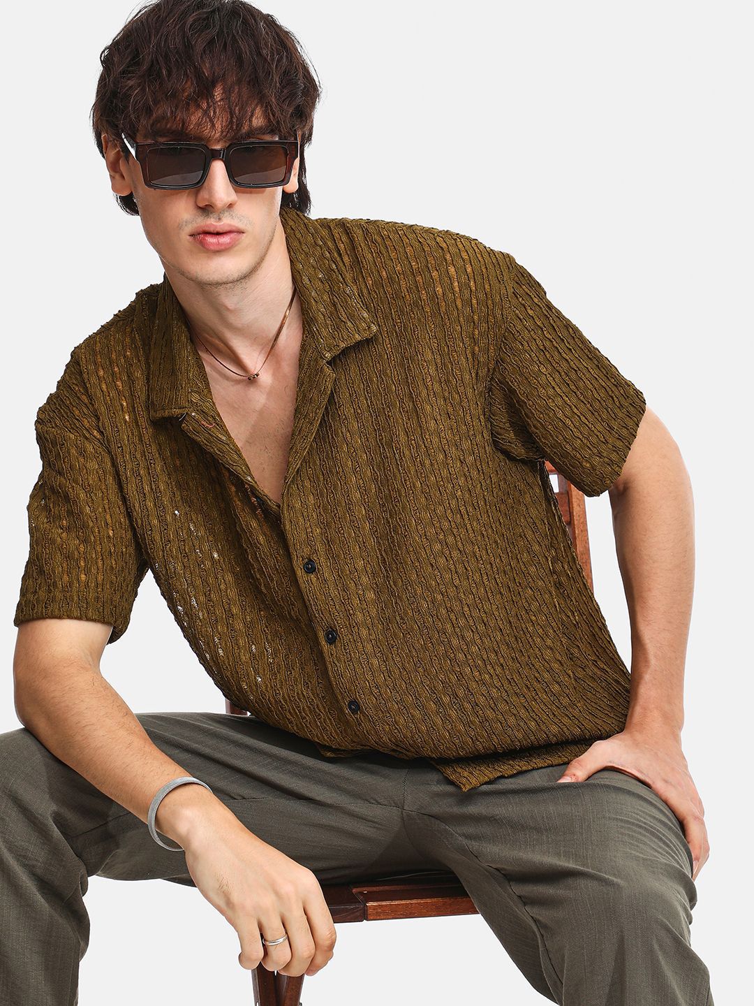 Brown Sheer Relaxed Fit Cuban Collar Casual Shirt