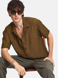 Brown Sheer Relaxed Fit Cuban Collar Casual Shirt