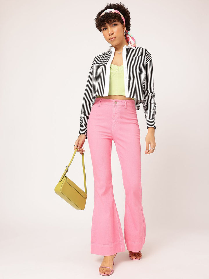 DressBerry Monochrome Stripes Contrast Placket Crop Shirt
