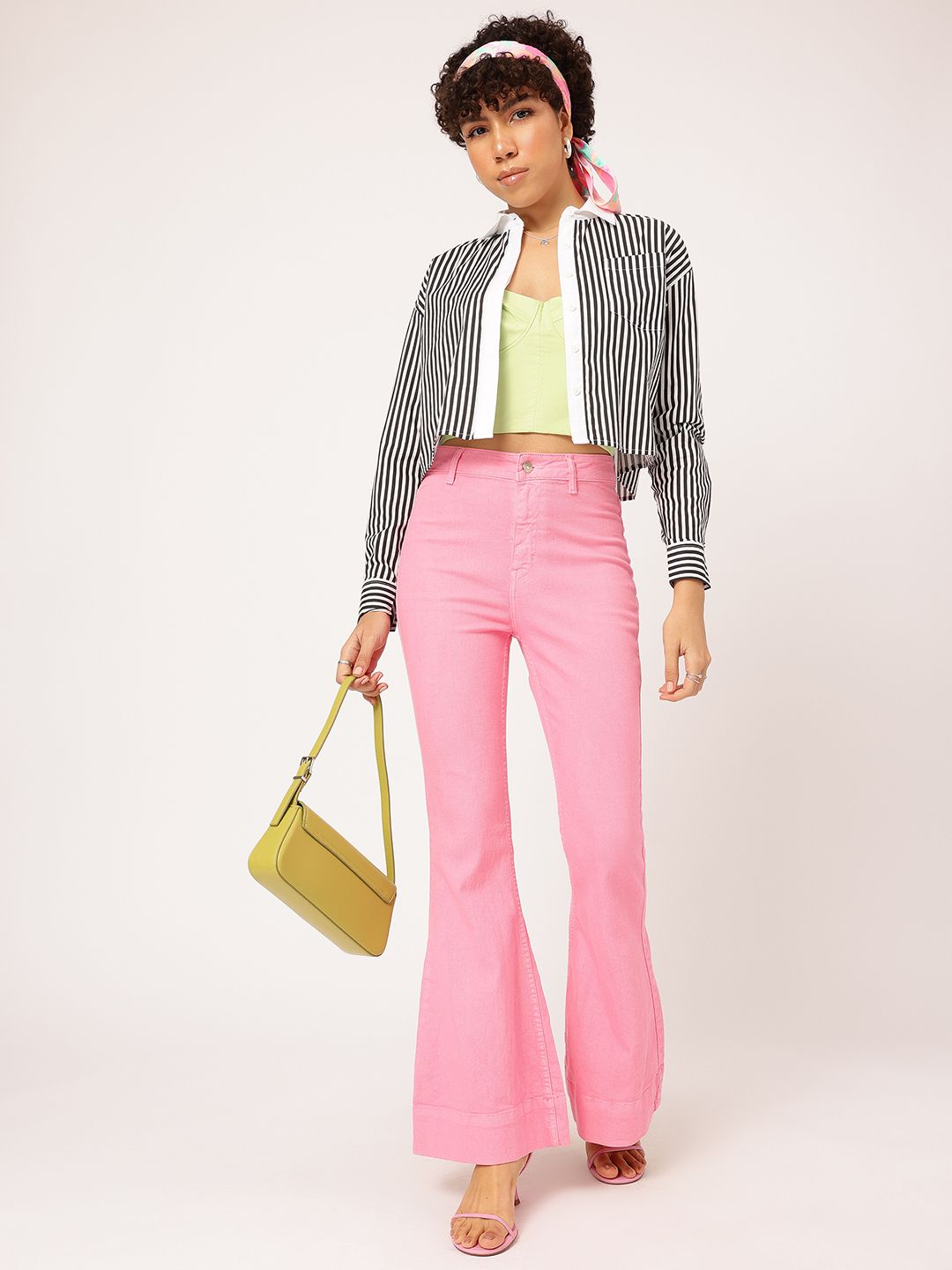 DressBerry Monochrome Stripes Contrast Placket Crop Shirt