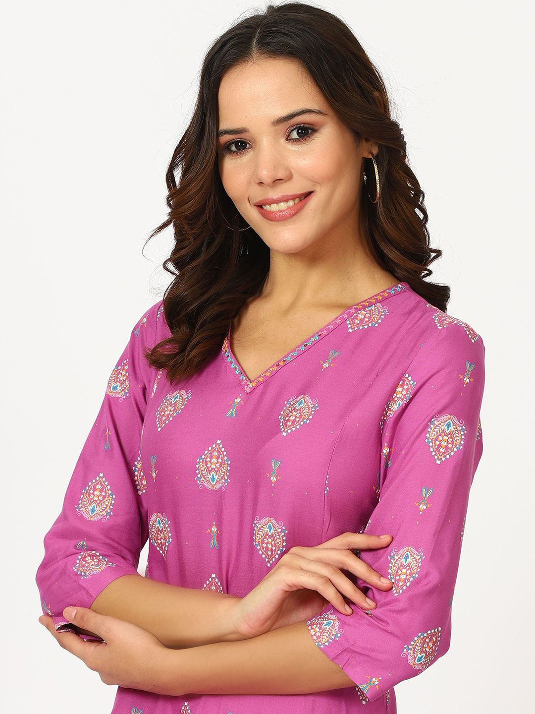 W Purple Ethnic Motifs Printed Thread Work V-Neck Straight Kurta