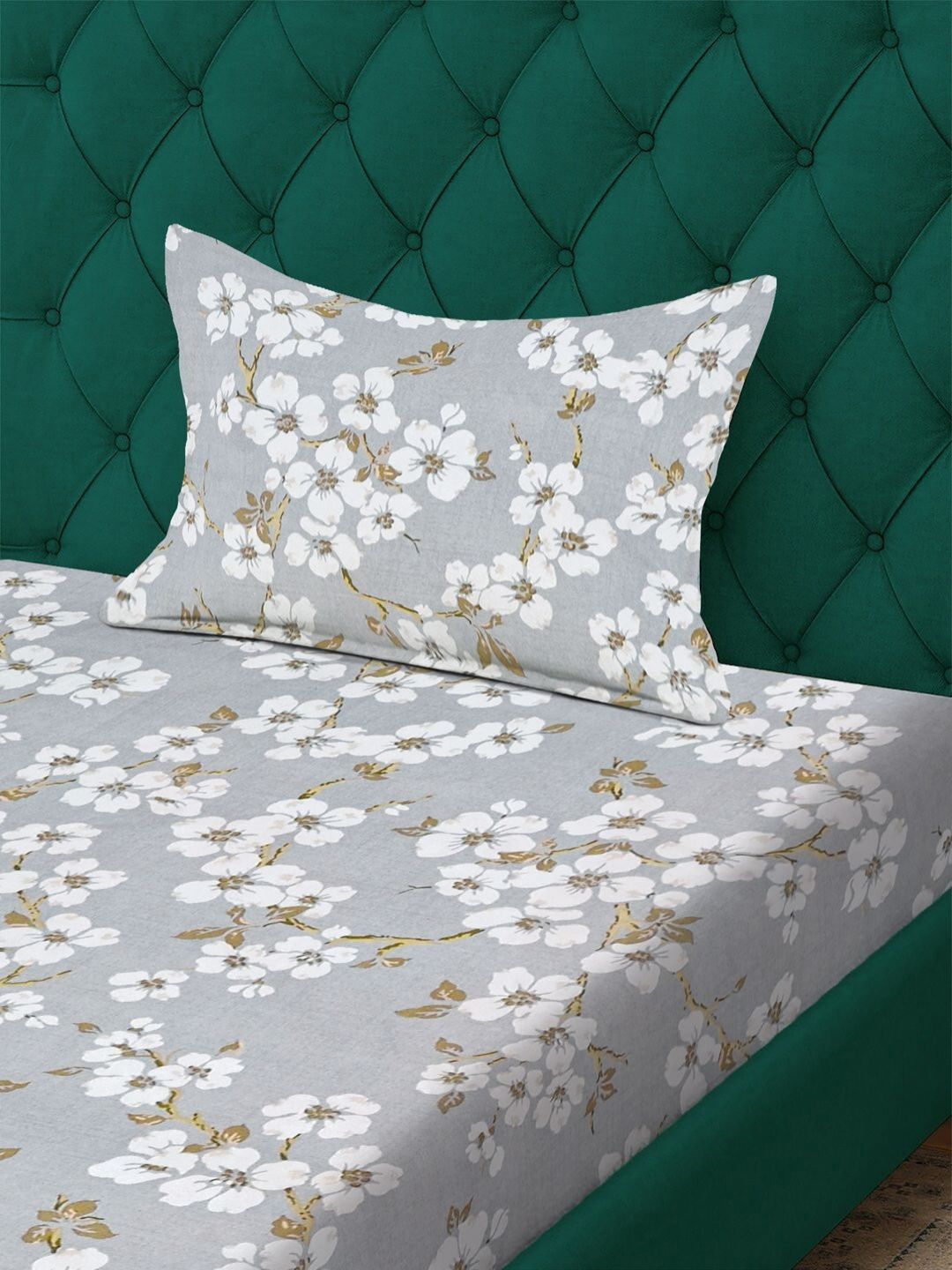 KLOTTHE Grey Floral Polycotton 300 TC Single Cadar Halus dengan Sarung Bantal-89 x 59 inci