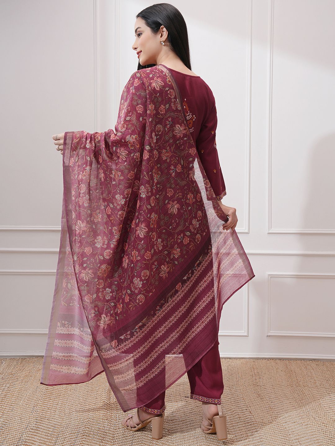 Vishudh Women Ethnic Motifs Embroidered Regular Kurta with Trousers & With Dupatta