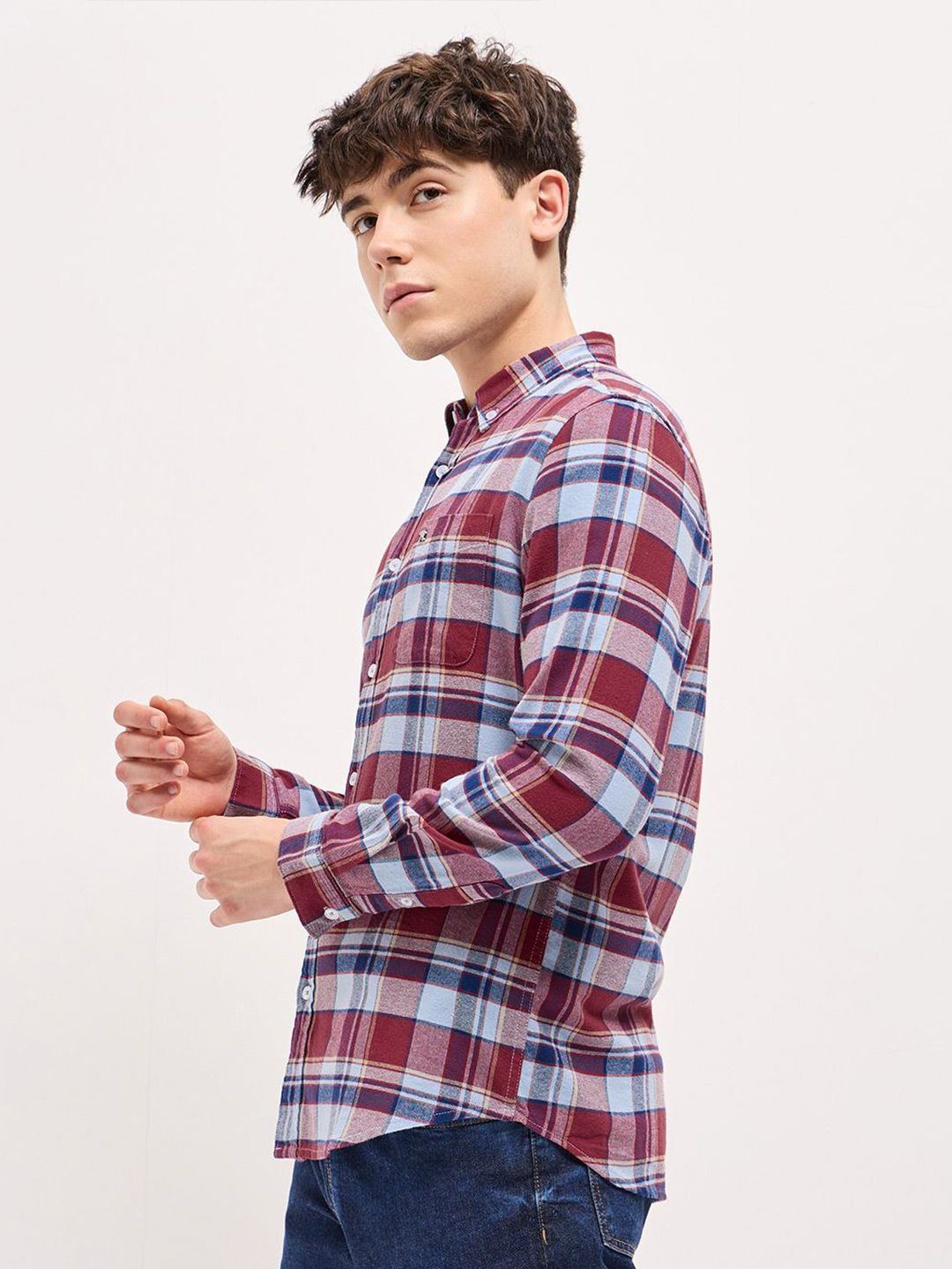 THE BEAR HOUSE Men Button-Down Collar Tartan Checked Cotton Slim Fit Shirt