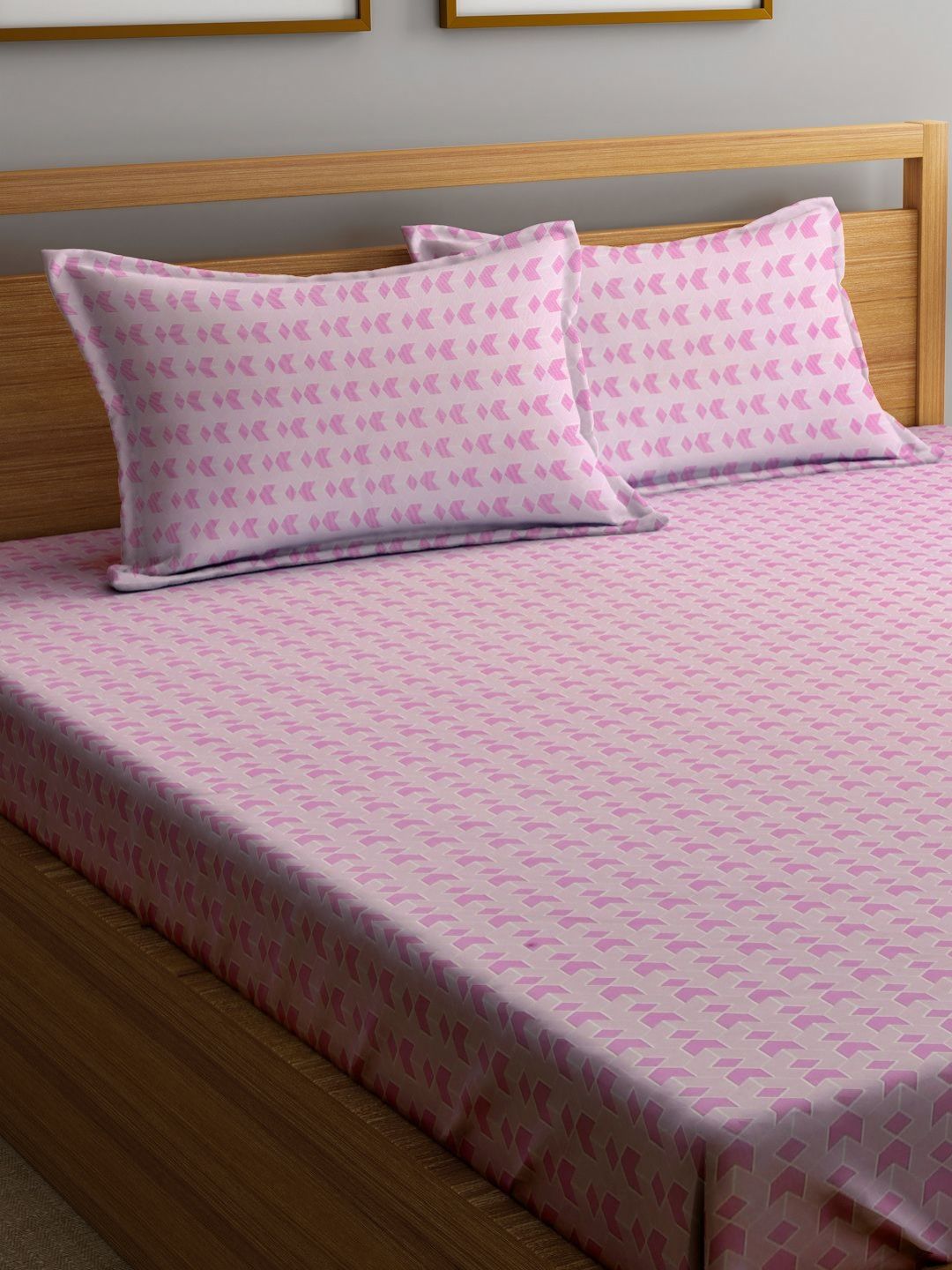 Myntra Elegant Homes Pink Geometric 300 TC King Fine Bedsheet & 2 Pillow Covers-250X220 cm