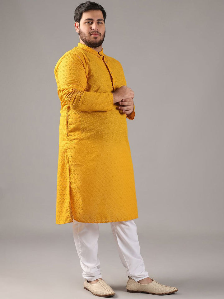 SOJANYA PLUS Size Sulam Chikankari Band Collar Pure Cotton Kurta Lurus