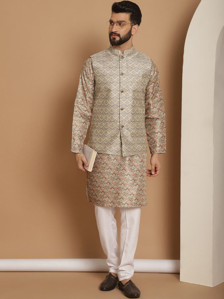Anouk Beige Woven Design Striped Regular Straight Kurta With Churidar