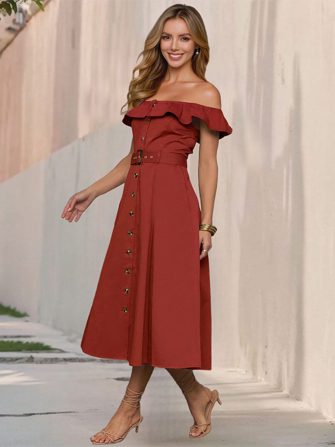 all about you Women Solid Belted Off-Shoulder A-Line Midi Dress