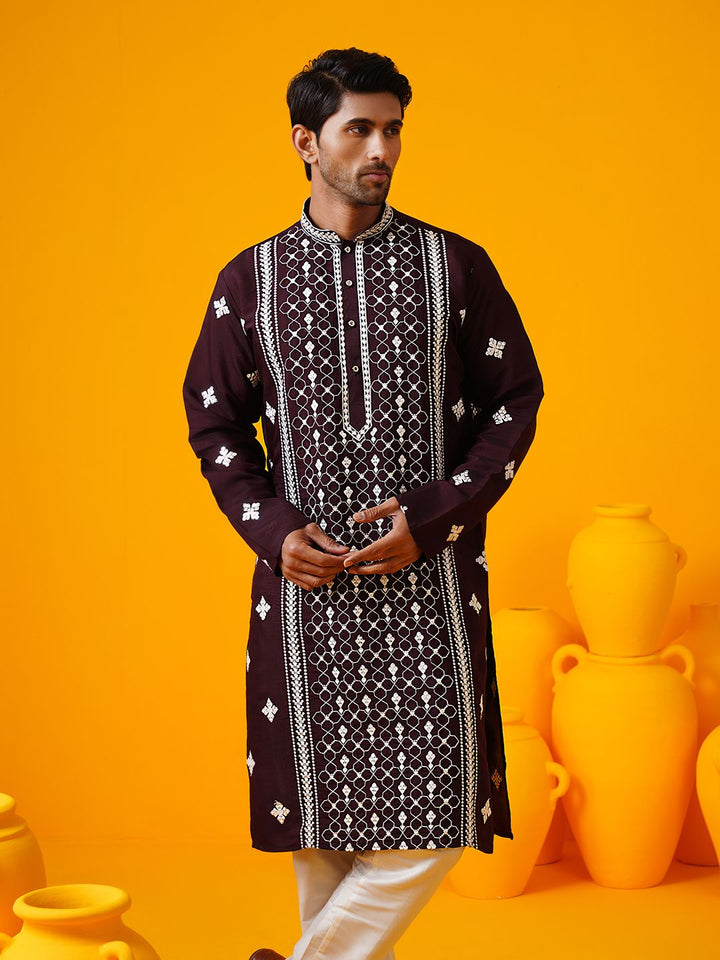 SOJANYA LUXE Kolar Mandarin Sulam Bunga Berlabuci Kurta Lurus Dengan Seluar