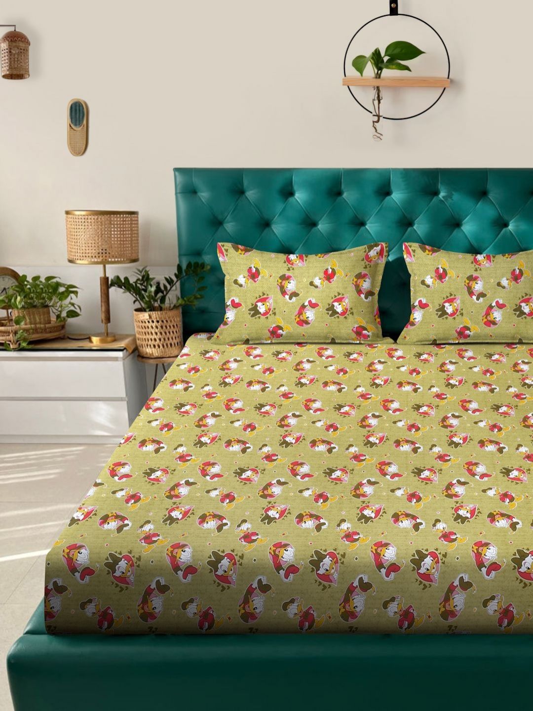 Myntra Elegant Homes Watak Kartun Hijau Kapas Tulen 400 TC Dilengkapi Cadar King Halus dengan 2 Sarung Bantal-98 x 89 inci