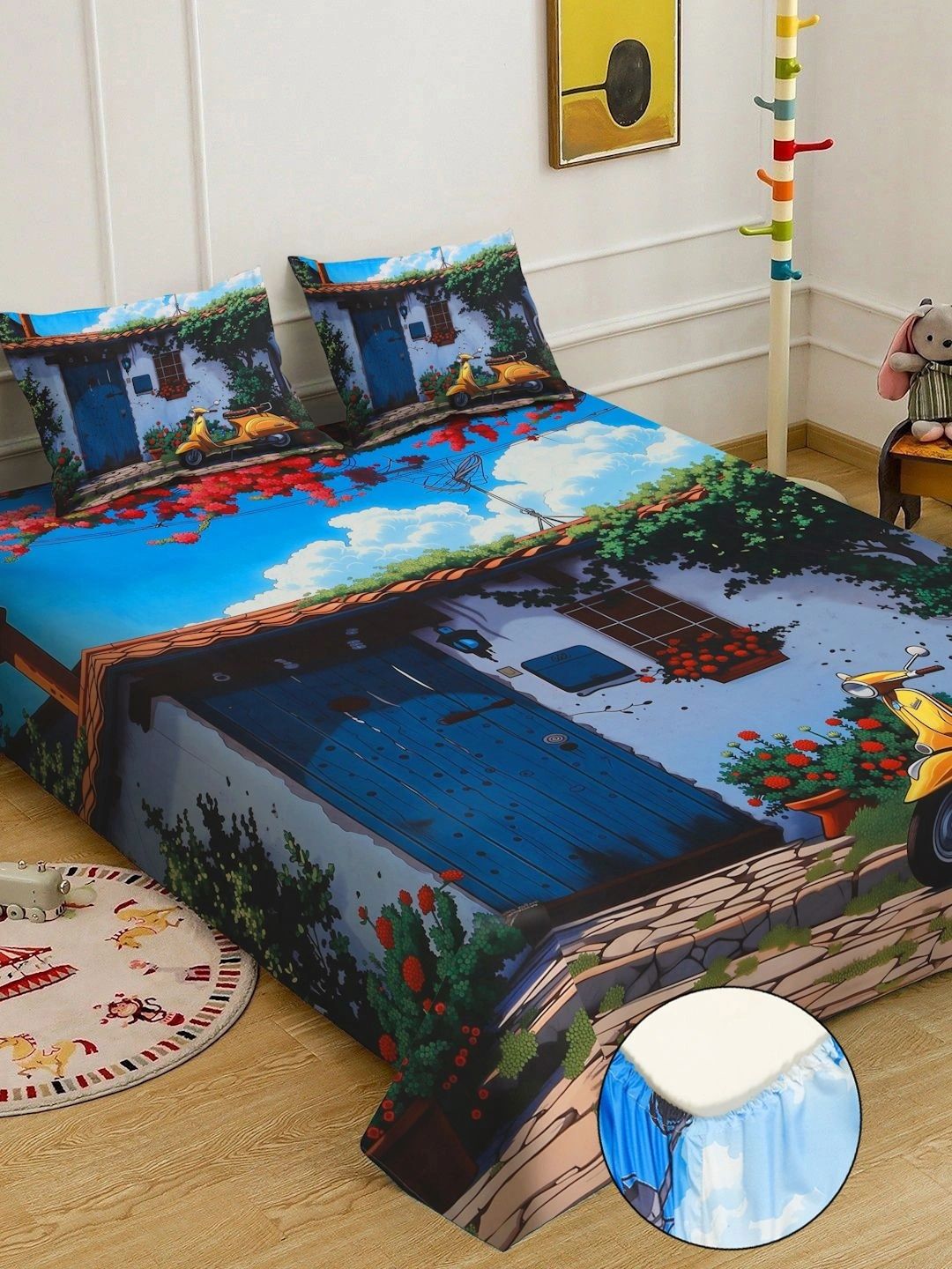 Myntra Elegant Homes Blue & Navy Blue 400 TC King Bedsheet with 2 Pillow Covers