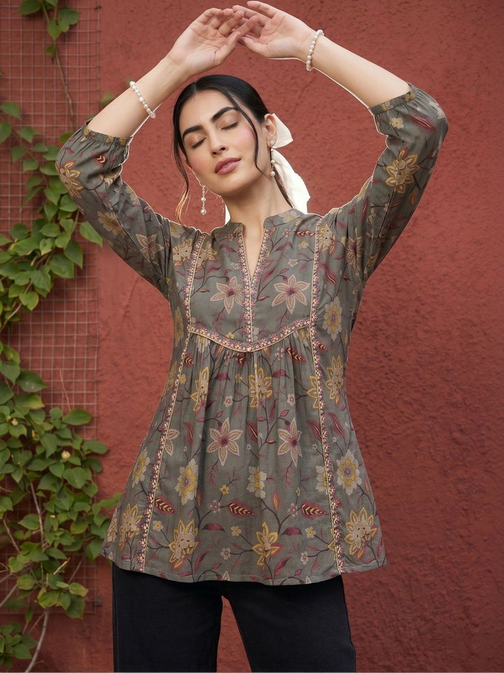 Mamicha Floral Print Mandarin Collar Puff Sleeve Cotton Top