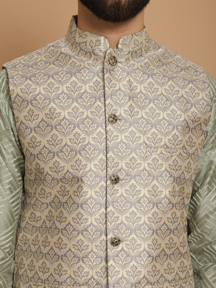Anouk Men Geometric Embroidered Thread Work Straight Kurta With Churidar & Nehru Jacket