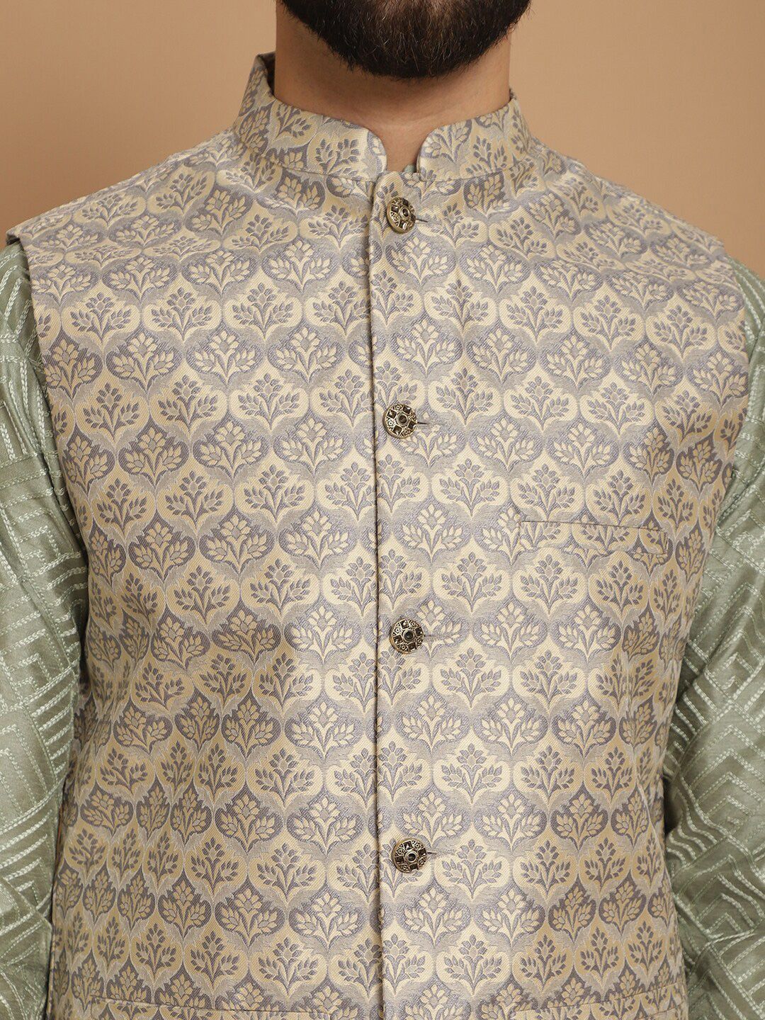 Anouk Men Geometric Embroidered Thread Work Straight Kurta With Churidar & Nehru Jacket
