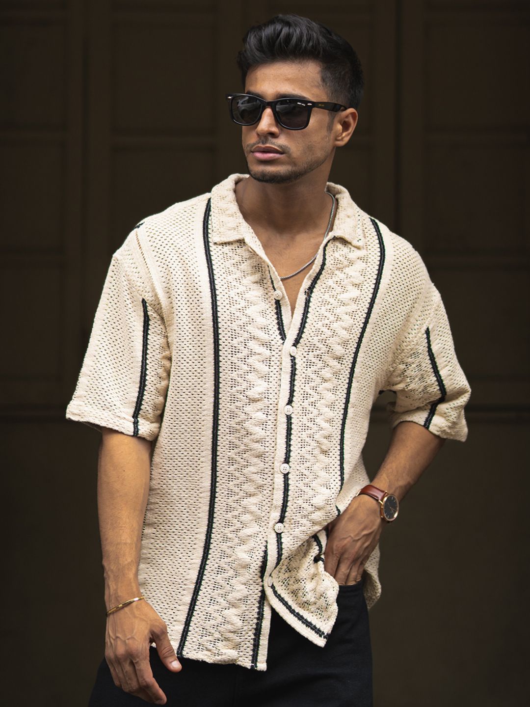 Powerlook Men Spread Collar Vertical Striped Cotton Oversized Casual Shirt
