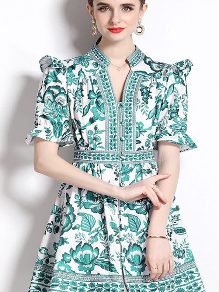 all about you Women Floral Print Puff Sleeve Ruffled A-Line Mini Dress