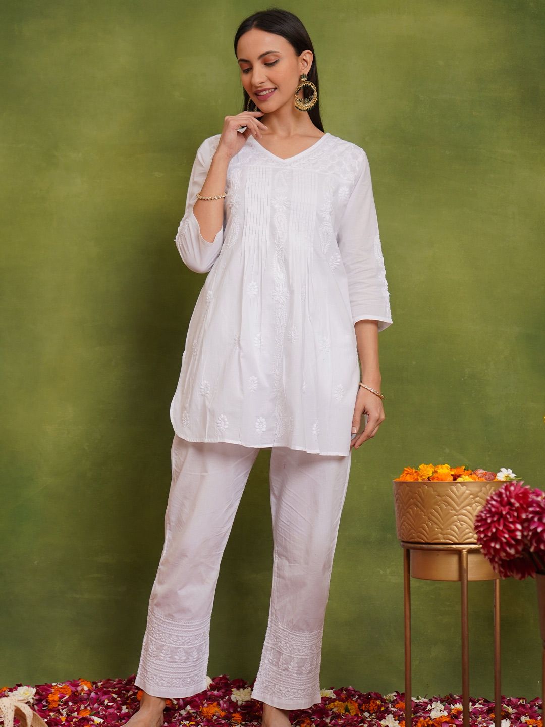 HOUSE OF KARI Floral Embroidered V-Neck Chikankari Pure Cotton A-Line Kurti