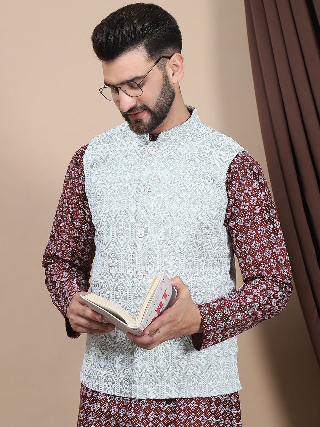 Anouk Purple Ethnic Motifs Woven Design Mandarin Collar Straight Kurta & Nehru Jacket