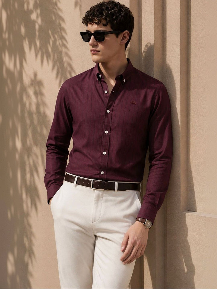 ADRO Men Maroon Striped Regular Fit Casual Cotton Shirt