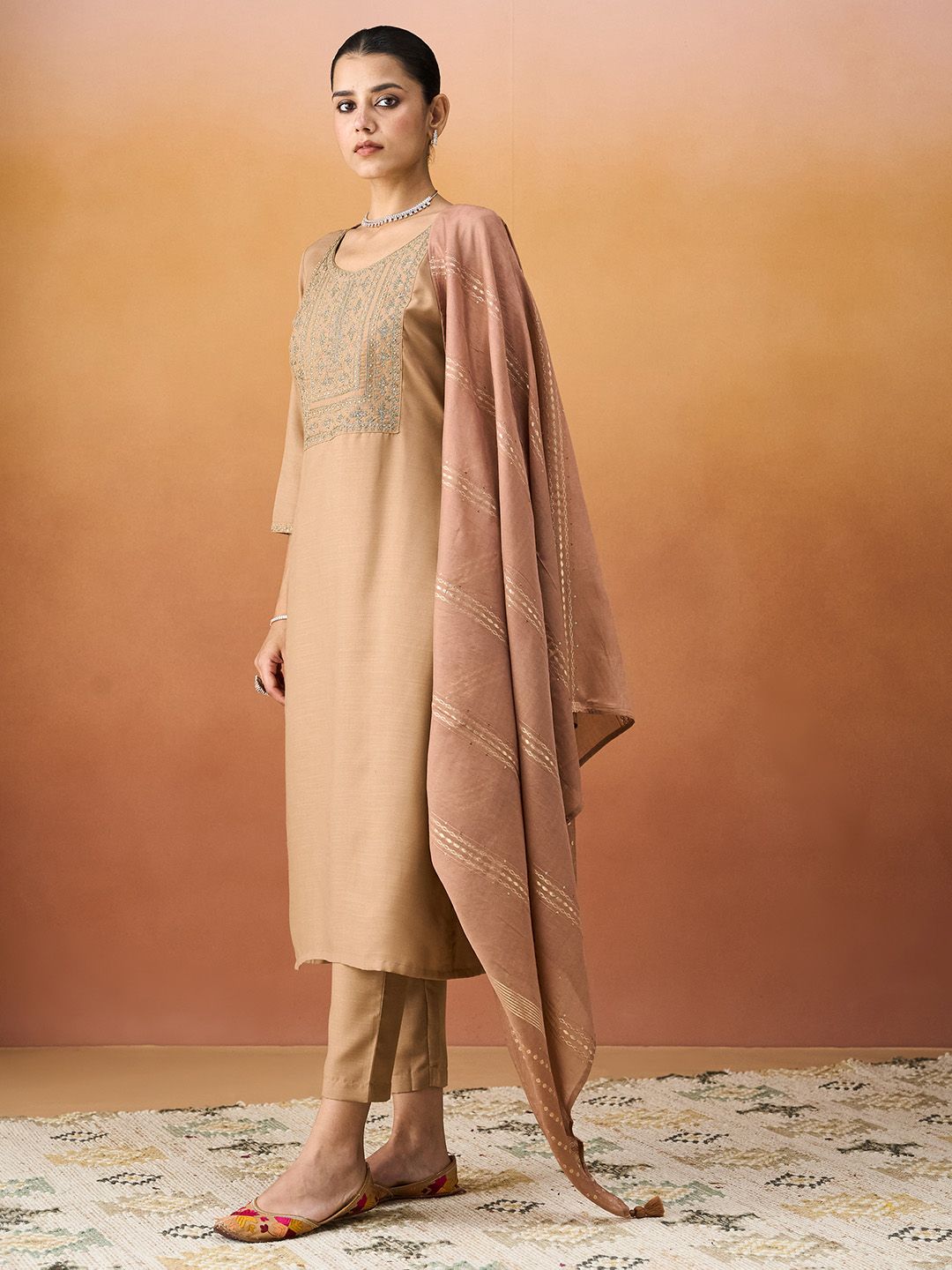 KALINI Ethnic Motifs Embroidered Straight Kurta With Trousers & Dupatta