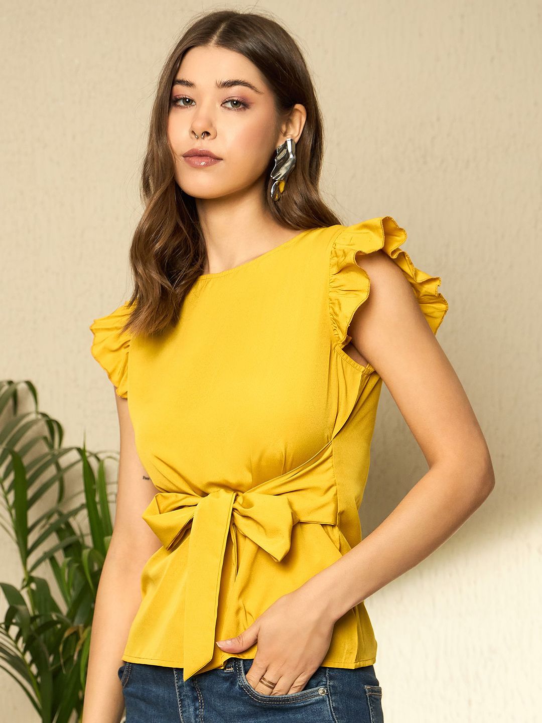 Berrylush Women Round Neck Regular Top With Waist Tie-Ups Detail