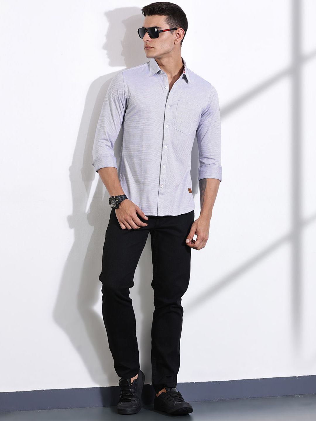 Thomas Scott Men Classic Slim Fit Spread Collar Pinstripes Striped Cotton Knitted Shirt