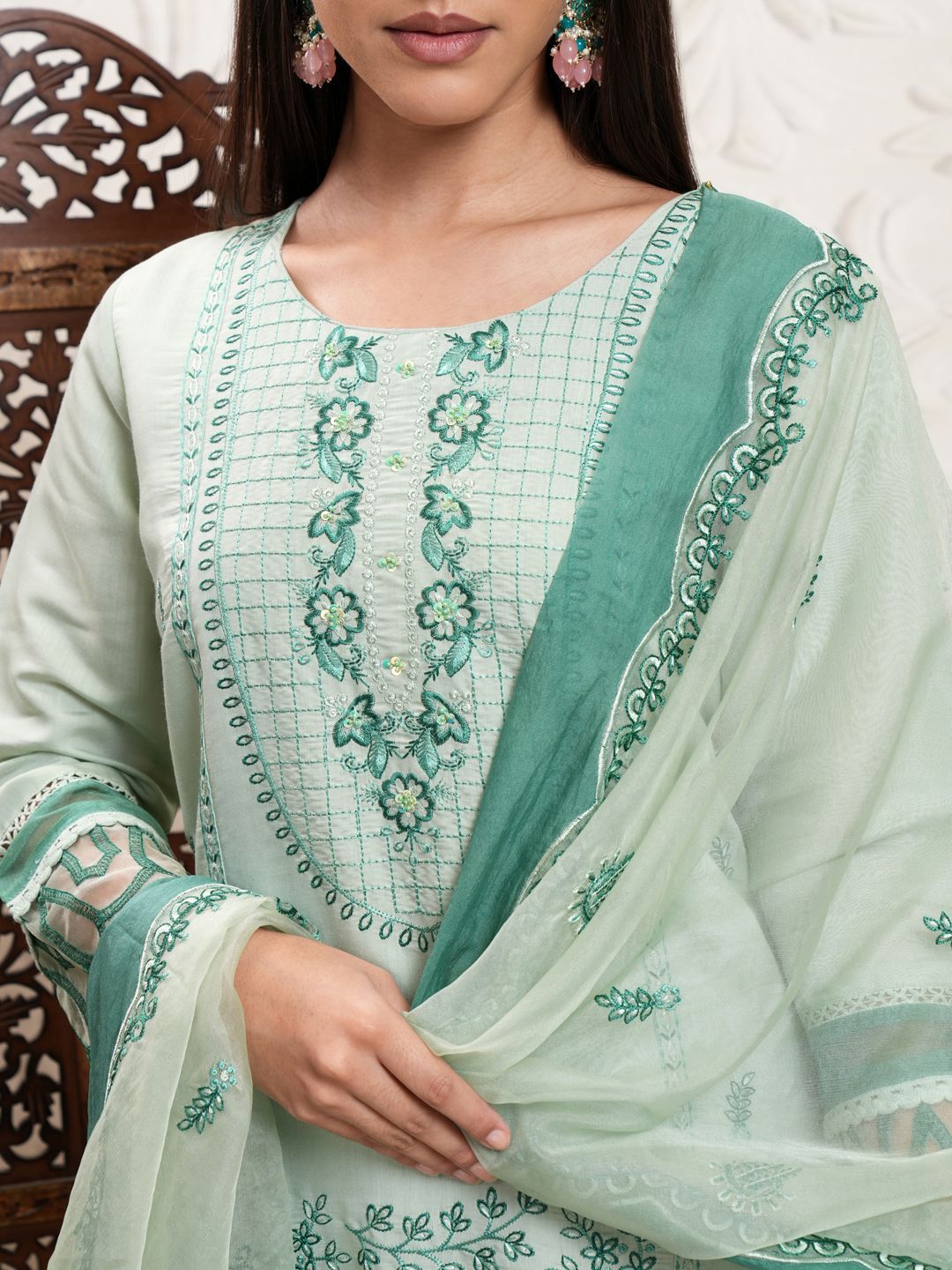 Vishudh Green Ethnic Motifs Embroidered Straight Kurta & Trousers With Dupatta