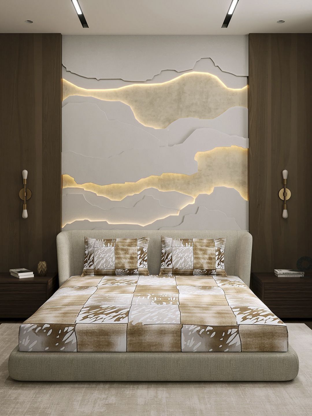 Monte Carlo Beige & White Printed Cotton 104 TC Queen Bedsheet Set 2.24 cm x 2.54 cm