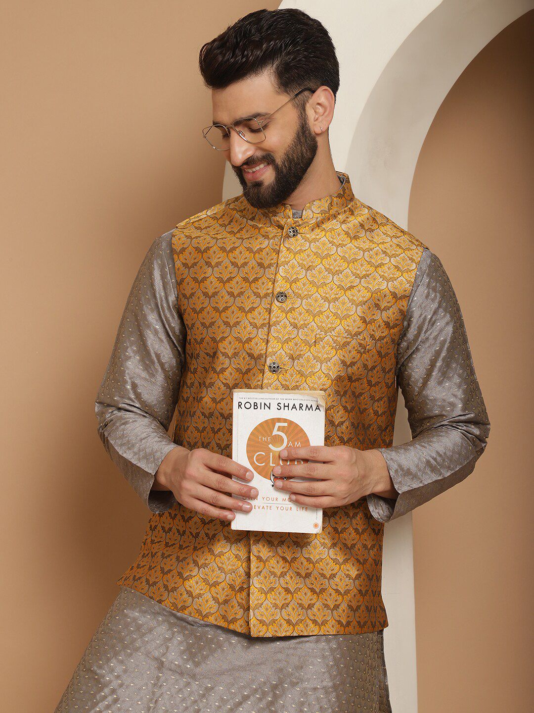 Anouk Embroidered Regular Thread Work Jacquard Silk Kurta With Churidar & Nehru Jacket