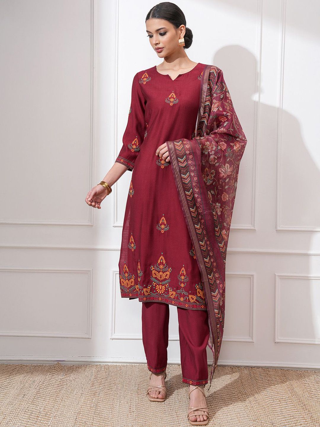 Vishudh Women Ethnic Motifs Embroidered Regular Thread Work Kurta with Trousers & With Dupatta
