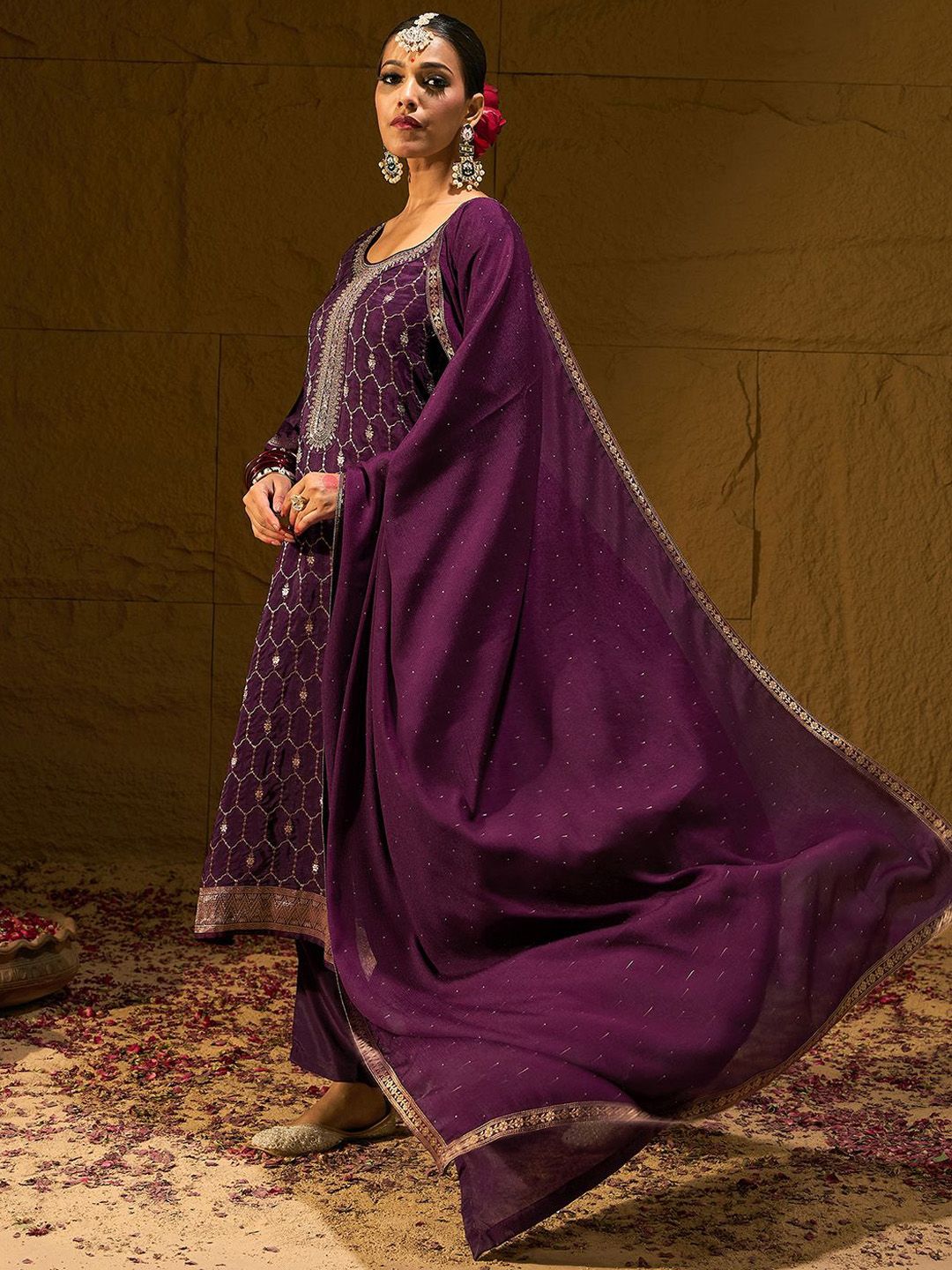 Indo Era Burgundy Geometric Embroidered Jacquard Weave Kurta with Trousers & Dupatta