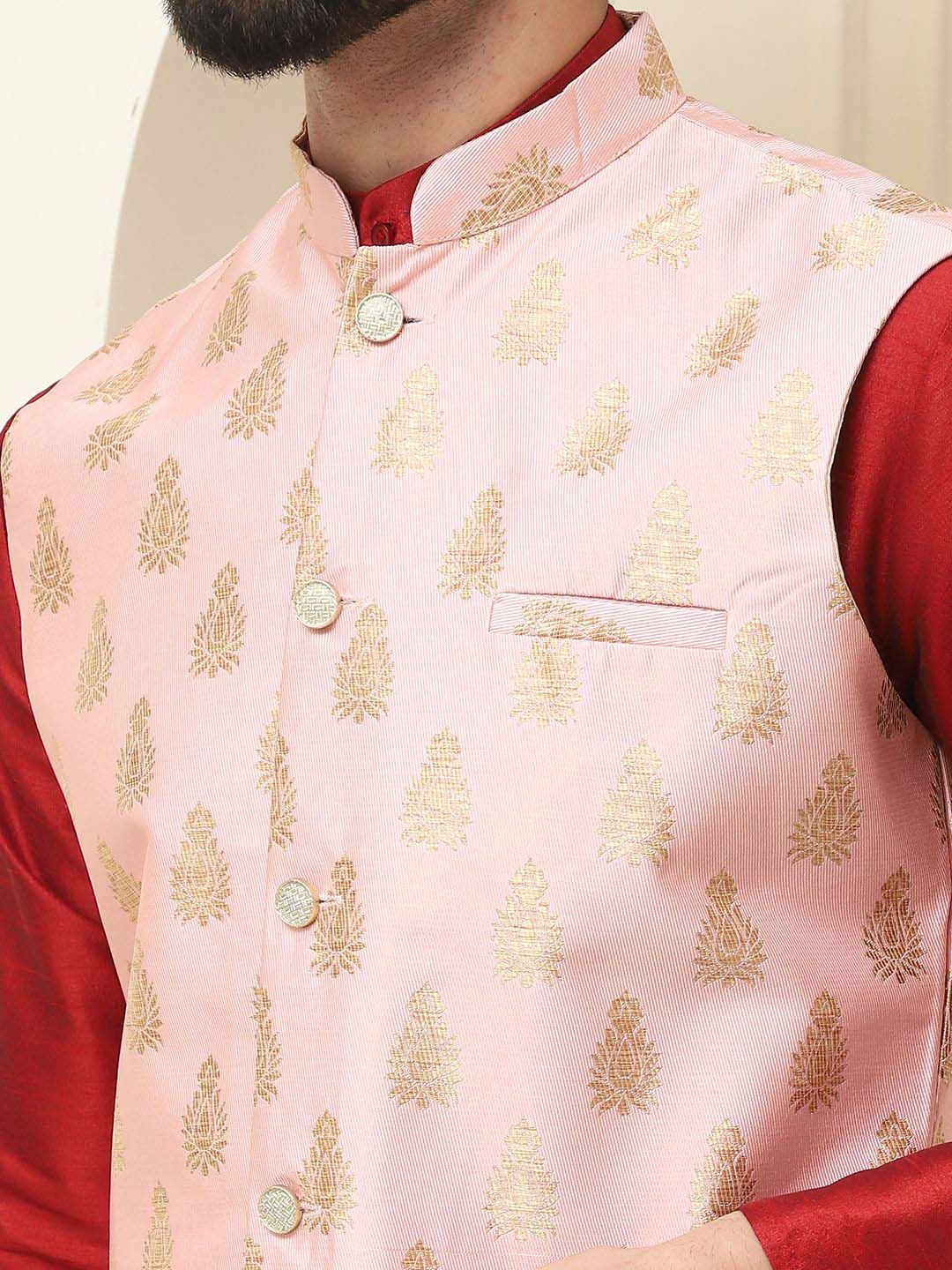 SOJANYA Mandarin Collar Silk Cotton Straight Kurta dengan jaket Churidar & Nehru