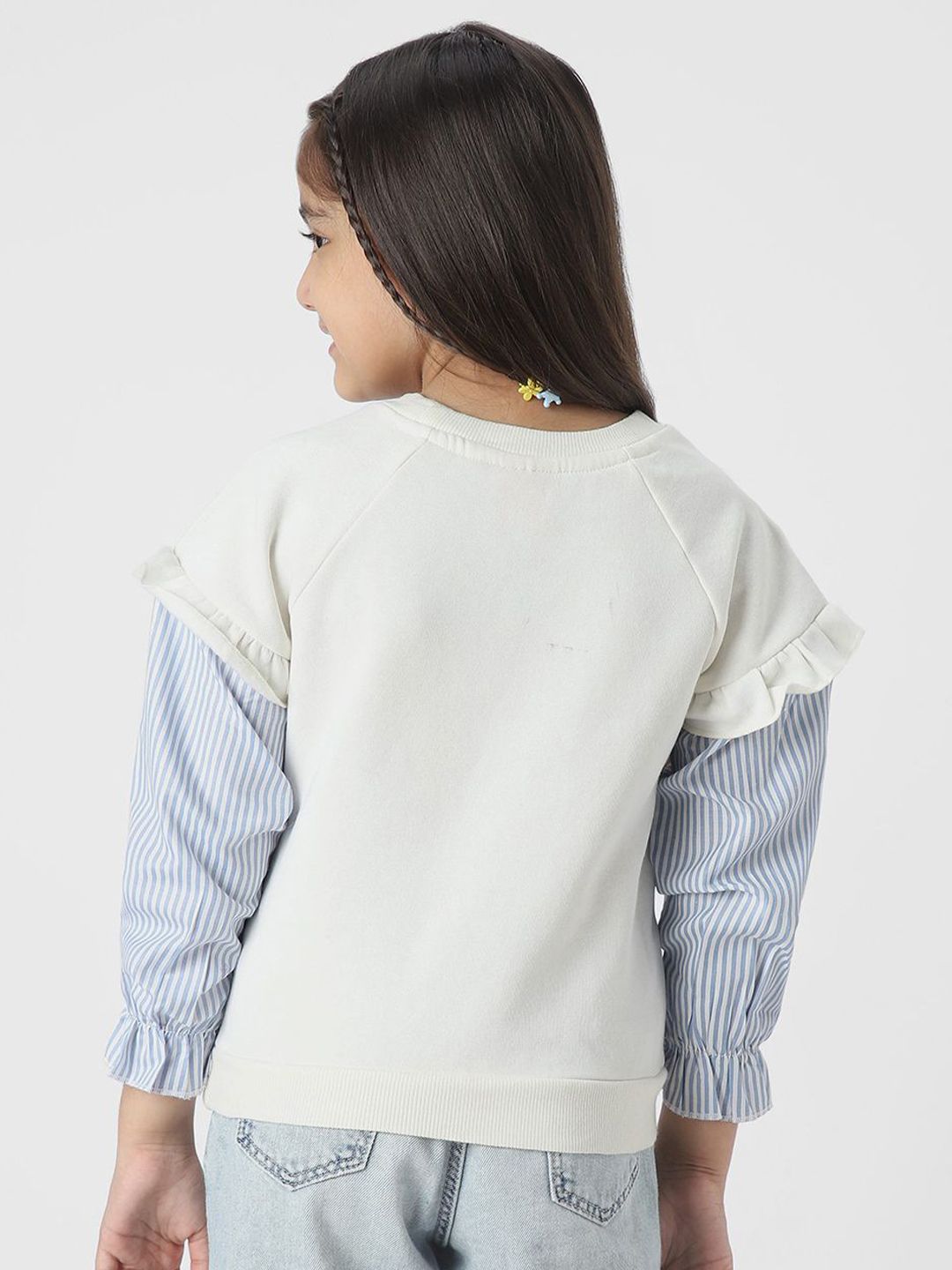 Nauti Nati Girls Graphic Printed Sweatshirt with Striped Sleeves