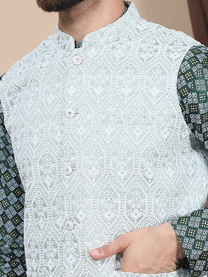 Motif Etnik Biru Anouk Bersulam Benang Lurus Bekerja Kurta Kapas Tulen dengan Churidar