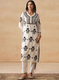 House of Chikankari Women Off White Cotton Chikankari Sulam Set Kurta