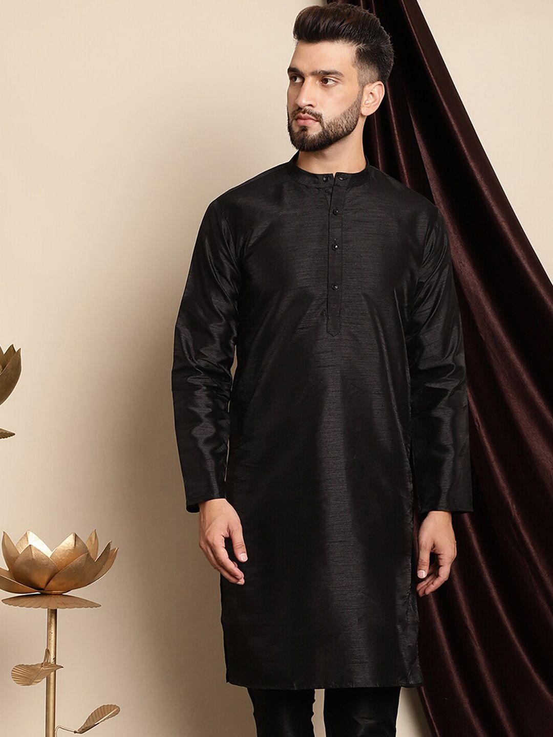 Anouk Band Collar Dupion Silk Straight Silk Cotton Regular Kurta