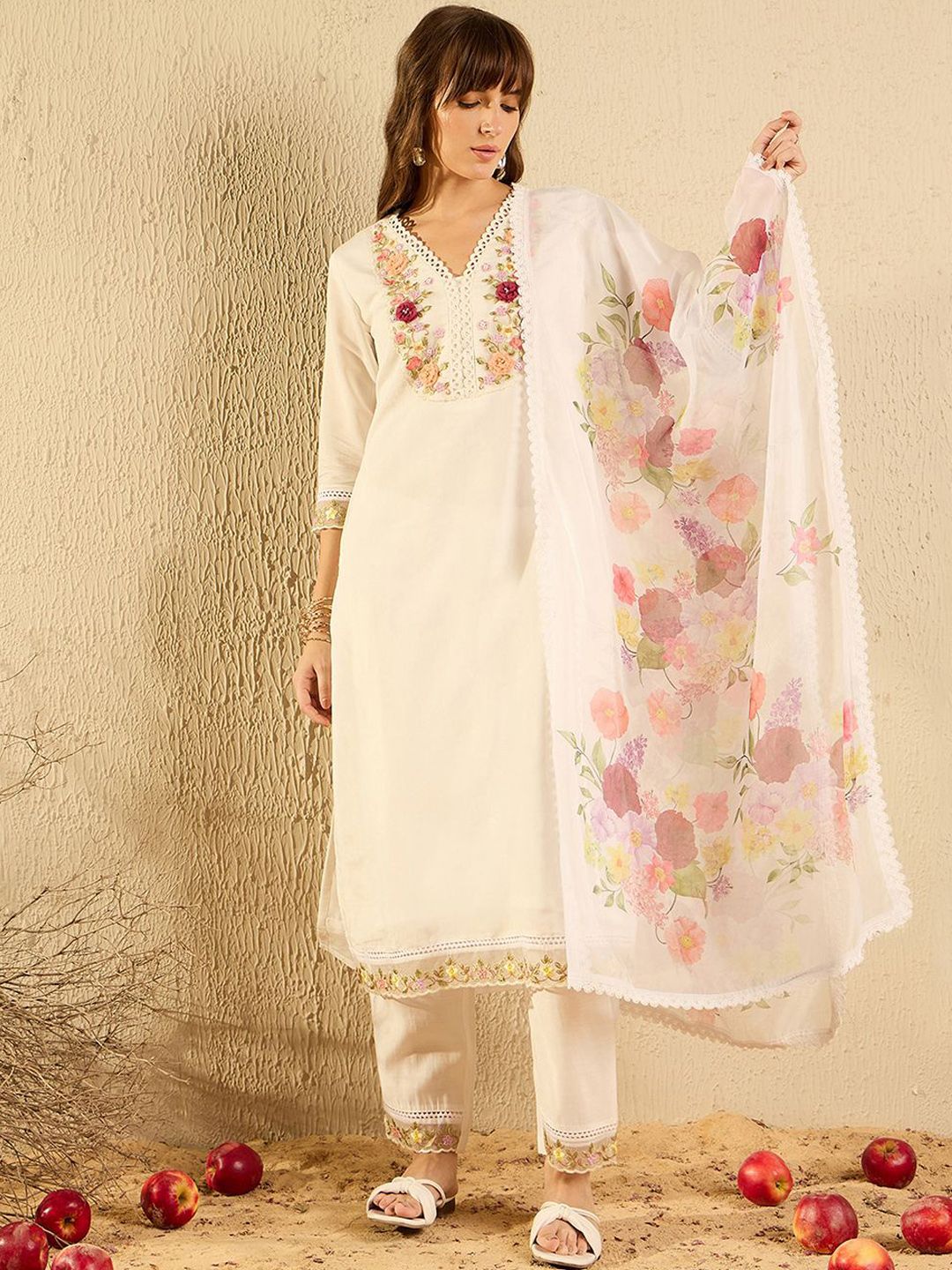 Indo Era Women Floral Embroidered Regular Thread Work Kurta with Trousers & With Dupatta