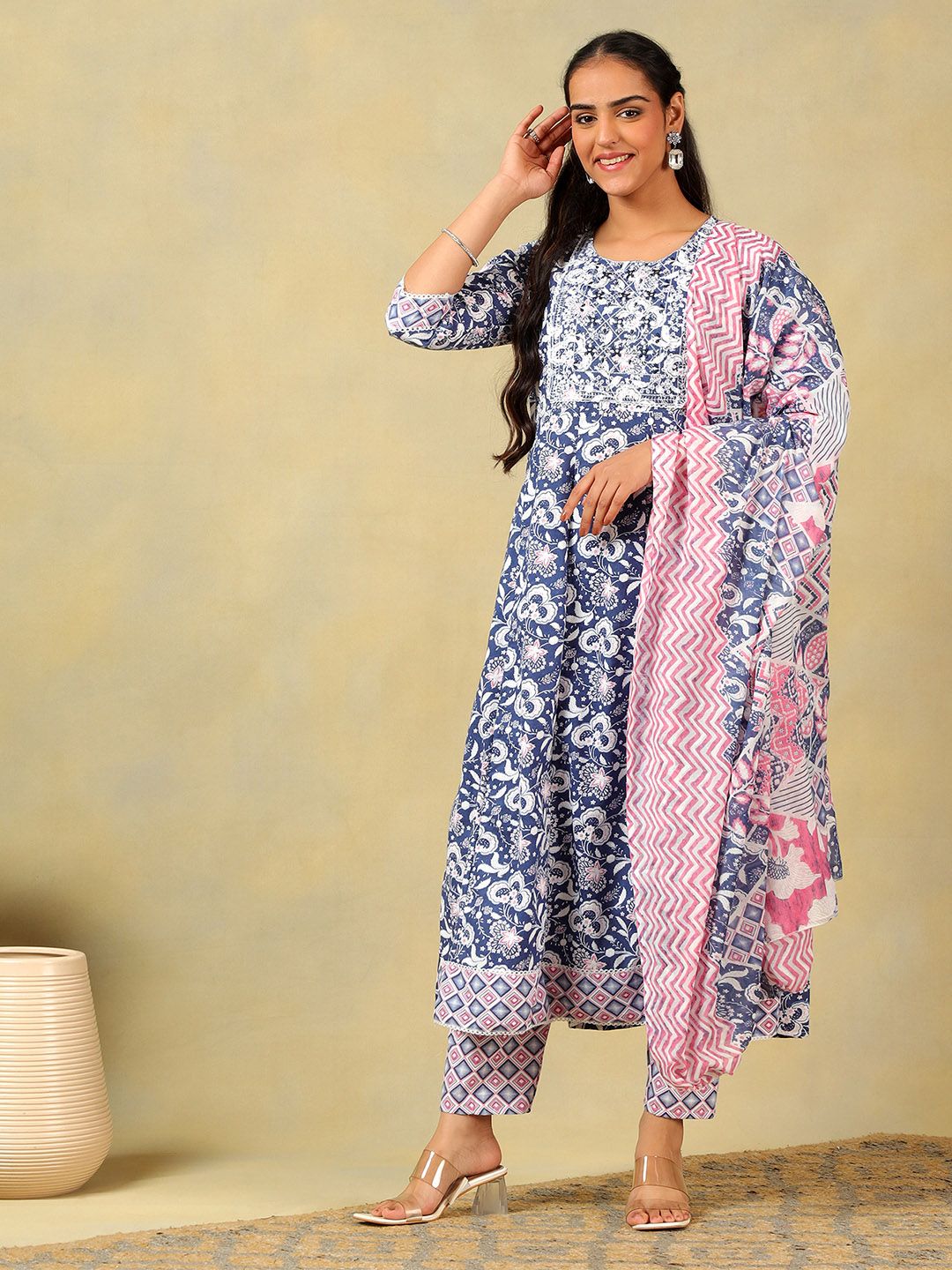 Mamicha Ethnic Motifs Printed Thread Work Pure Cotton Kurta with Trousers & With Dupatta